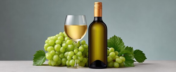 Naklejka premium A white wine bottle and a glass dance with green grapes on a soft canvas
