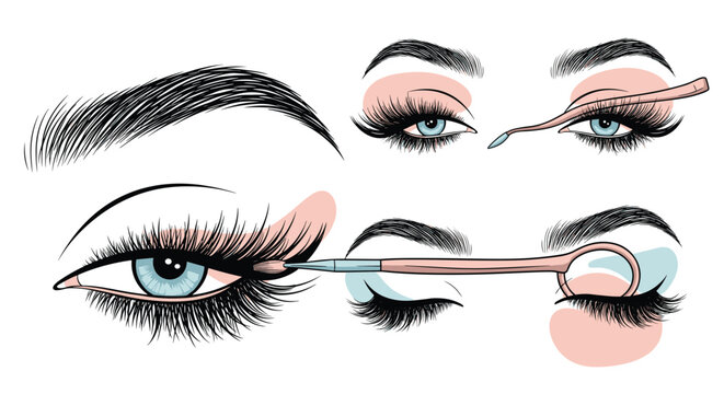 Detailed beauty illustration showcases professional eye makeup application techniques and perfectly groomed eyebrows in close-up.