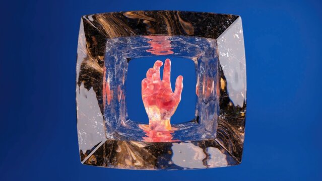 Glass block, hand gesture, blue background, peace sign, artistic photography