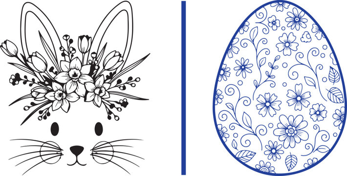 Easter bunny face with floral crown and decorative patterned egg vector illustration isolated on white background