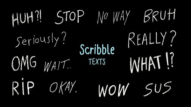 Handwritten Scribble Text Animation Pack, Casual Doodle Words Meme Phrases Typography Overlay Loop Alpha Channel Transparent Background