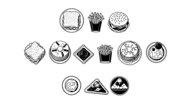 Burger pizza fries taco and other fast food doodle icons set with sketch lines for menu design and branding