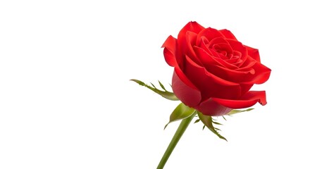 Naklejka premium Beautiful single red rose with a fresh green stem, elegantly isolated on a pure white background, symbolizing love, passion, and romance.