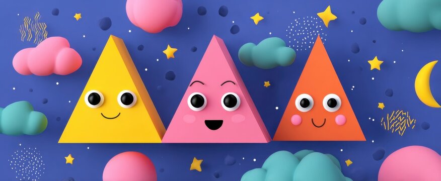 Geometric 3D shapes poster with cheerful characters dancing amid colorful clouds and stars.