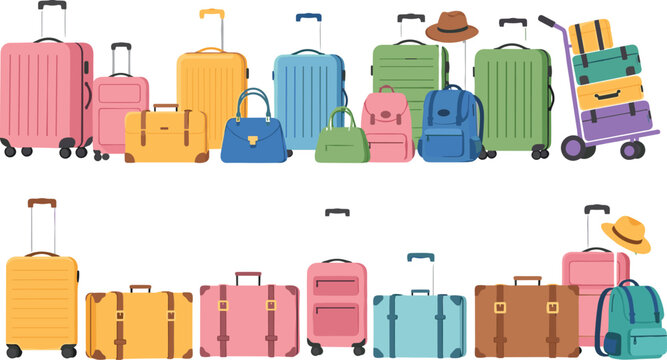 Travel luggage set with suitcases, backpacks, and bags illustrating tourism, vacation packing, and travel accessories vector illustration