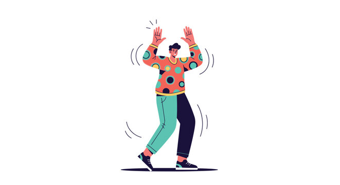 Young man in a stylish sweater with colorful circles dancing and moving with his hands raised in a joyful expression.