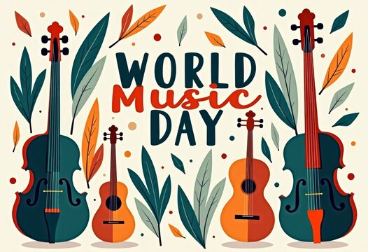 Colorful illustration celebrating World Music Day with various string instruments, including violins and guitars, surrounded by leaves and decorative elements