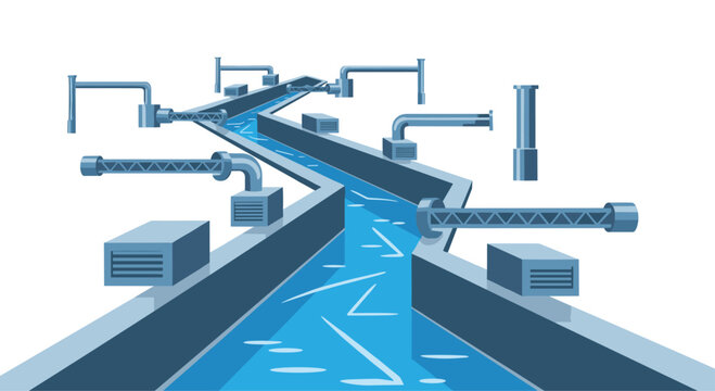 A stylized industrial water flume winds through a complex network of blue metallic pipes and ventilation boxes under a bright and minimalist white sky.