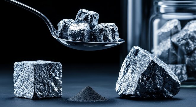 Metallic lumps rest on a dark surface. Spoon holds rough, jagged chunks above. Powdered material sits below in a small mound. Jar contains similar dark fragments in background