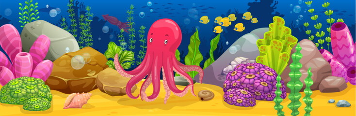 Underwater landscape game background with red octopus character. Sea environment, marine underwater landscape. Coral reef vector backdrop with octopus cartoon character, fish school, corals and algae © Vector Tradition