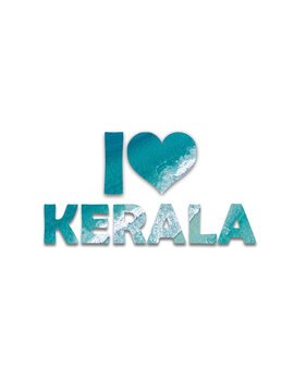 "I Love Kerala" typography with a heart symbol: Creative text mask effect featuring turquoise ocean waves and sea foam, representing Kerala's beautiful beaches, coastal tourism, and summer vacation vi