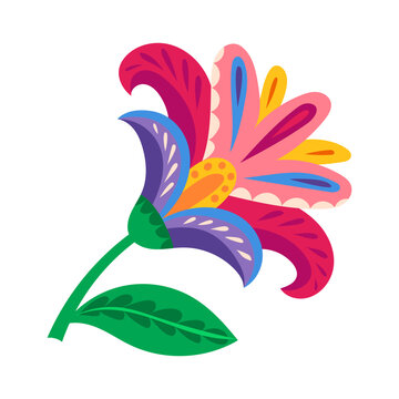 Mexican folk traditional abstract flower element with green leaf pink and red petals. Mexican ethnic floral isolated element, Latin American plant vector decor. Mexico folk colorful flower object