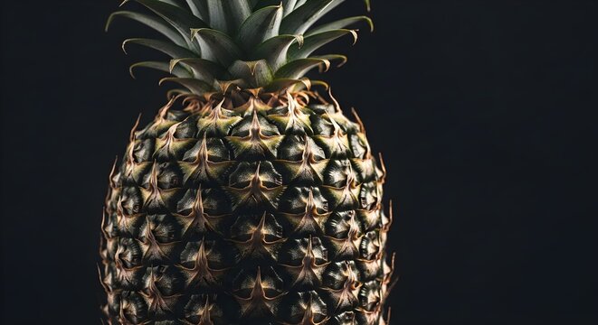 Close-up of a ripe, textured pineapple with a dark background, highlighting its unique pattern and tropical essence.
