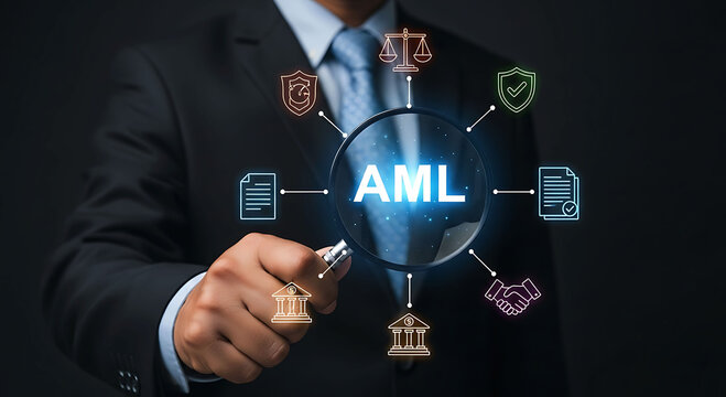 Anti Money Laundering AML concept with businessman holding magnifying glass