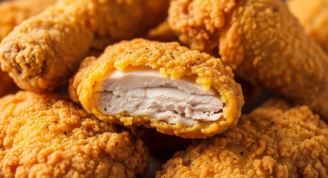 A juicy piece of fried chicken is bitten into, revealing its tender interior, surrounded by crispy exterior pieces.