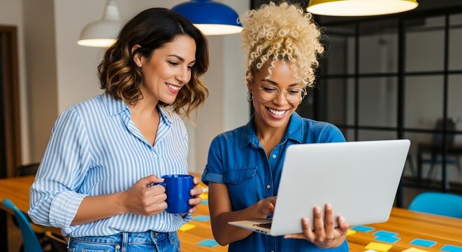 Two women collaborate over a laptop at a bright desk. One holds a blue mug, the other taps the screen. Modern interior features warm lighting and colorful decor. Their smiles suggest teamwork