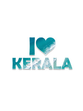 "I Love Kerala" typography with a heart symbol: Creative text mask effect featuring turquoise ocean waves and sea foam, representing Kerala's beautiful beaches, coastal tourism, and summer vacation vi