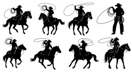 Naklejka premium Cowboys riding horses set with lasso silhouettes in action poses featuring western, cowboy, horseback with rodeo and silhouette elements for black,