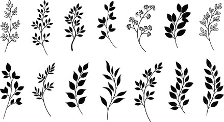 Collection of twelve black silhouette botanical branches with leaves and berries leaf plant nature © hr graphics