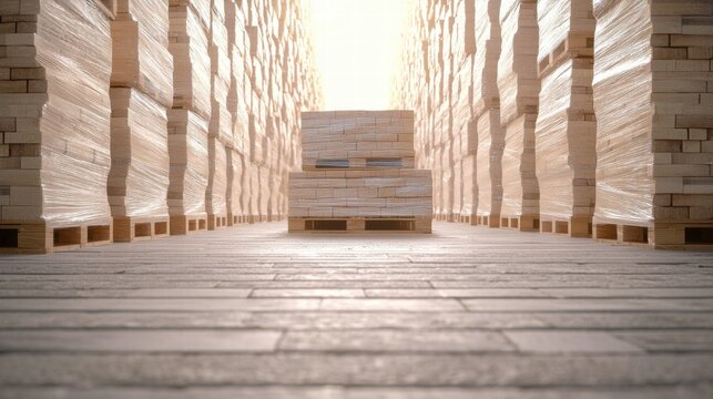 logistic Pallet Stacked in Distribution Center Rows of neatly stacked pallets with shrink wrapped goods in a vast distribution center, showcasing organization and efficient storage.