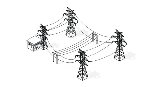 A detailed black and white isometric line drawing depicts a complex electrical substation featuring four tall transmission towers and a small control building.
