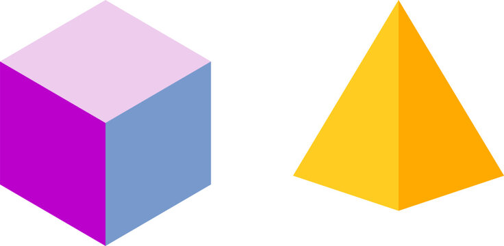 Minimalist isometric three dimensional purple cube and yellow pyramid geometric shapes isolated on white illustration