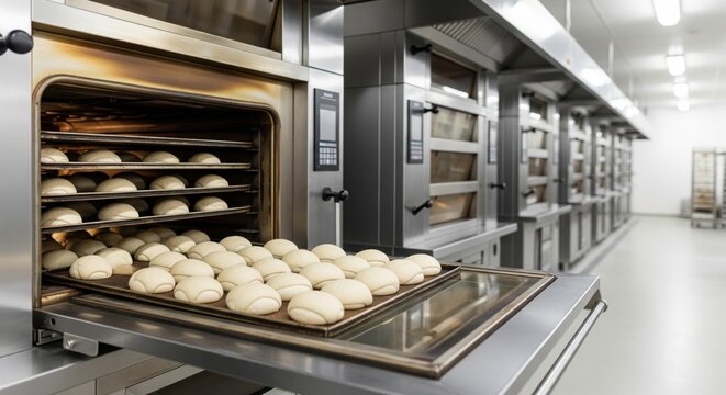 Industrial bread production in commercial kitchen ovens, large scale baking process, food manufacturer workflow, bakery production line with bread rolls