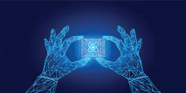 Two Digital Hands Holding AI chip with nuclear atom icon with circuit. Blue Low Poly Wireframe Illustration on Dark Blue Background. Science and Technology Innovation Concept.