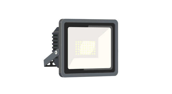 A modern industrial LED floodlight fixture features a durable grey housing protecting a central grid of bright yellow light emitting diodes on a white background.