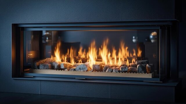 Modern built-in gas fireplace with visible flames and decorative stones inside a dark textured wall