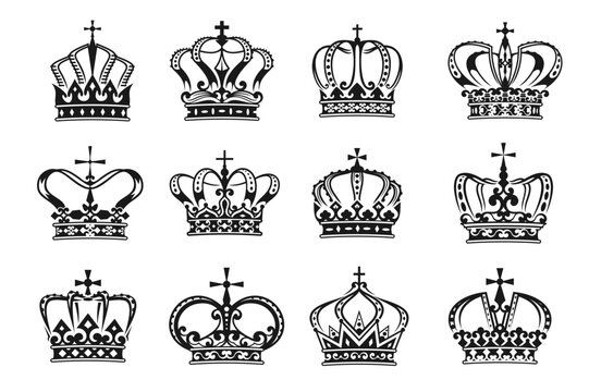Heraldic royal crown, king, emperor or duke medieval hats. Vintage ornate royal coronation crown vector silhouettes with jewels, gothic crosses and victorian flourishes for heraldic crest or badge