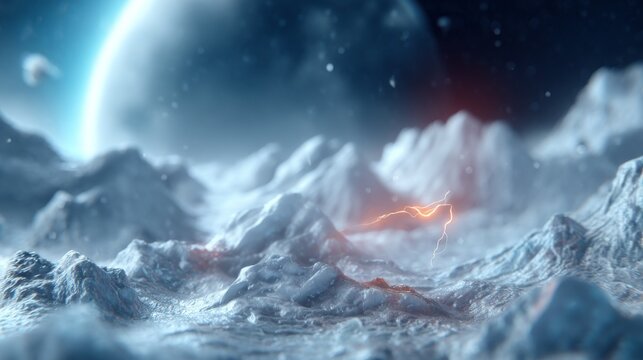 Surreal landscape with icy mountains illuminated by distant lightning in space.