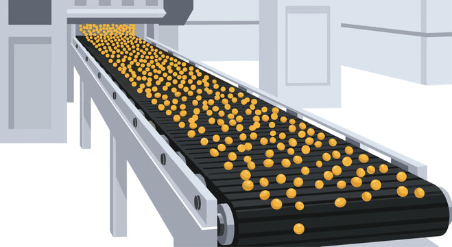 A long black industrial conveyor belt transports a large quantity of small orange spherical objects through a modern and sterile grey factory environment.