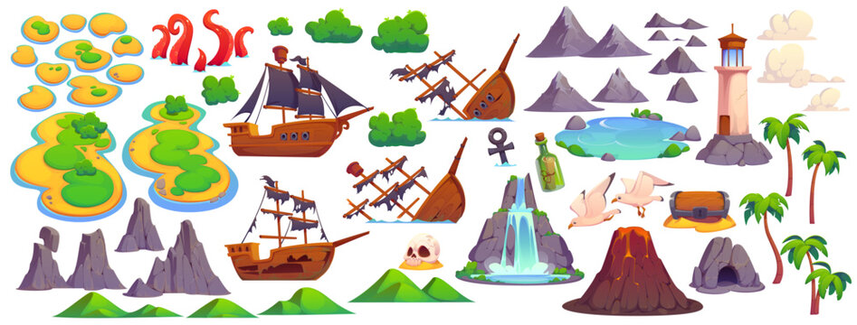 Pirate treasure island constructor, vector game UI asset. Cartoon tropical sea island constructor set, treasure chest, pirate ships and beach, shipwreck, skull and map bottle, volcano and palm trees