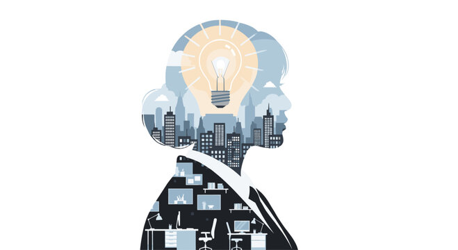 A meticulous double exposure silhouette of a professional woman features a glowing lightbulb over a detailed cityscape and modern office interior workspace elements.