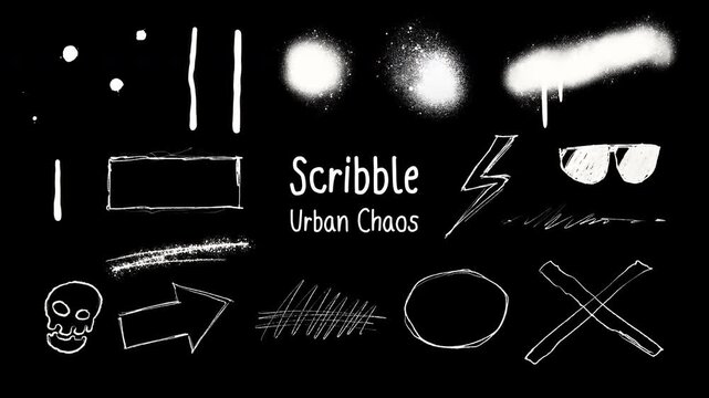 Hand Drawn Scribble Urban Chaos Grunge Elements Animation, Street Style Graffiti Lines, spray, drop, Overlay Loop Alpha Channel Transparent Background
