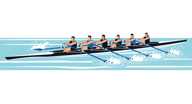 Six athletic rowers in a sleek black and white racing shell pull their blue oars through the calm water creating vibrant white splashes and ripples.