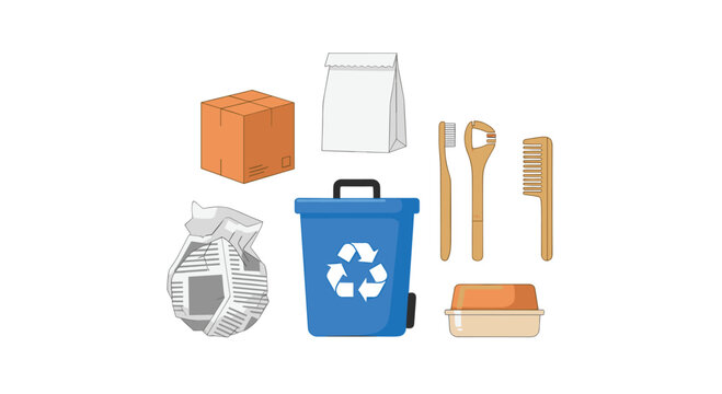 A blue recycling bin with a white symbol is surrounded by a cardboard box, paper bag, crumpled newspaper, and bamboo utensils on a clean white surface.