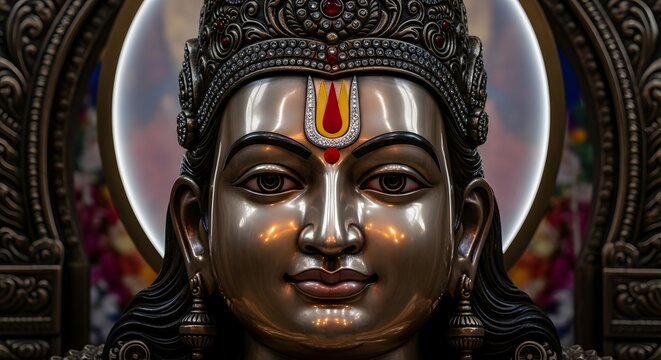 Close-up Portrait of Lord Murugan Statue with Ornate Gold Crown and Tilak