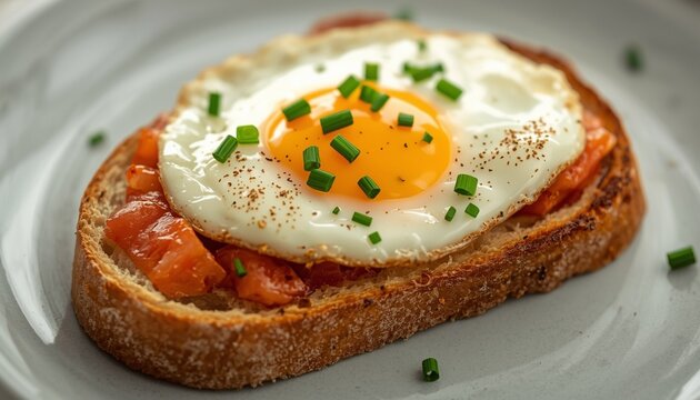 Realistic photo of breakfast bruschetta on toasted ciabatta topped with a perfectly fried egg and fresh chives garnish, appetizing and sharp focus.