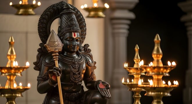 Lord Murugan Hindu deity statue holding golden Vel spear in a temple sanctuary with glowing oil lamps during a religious ceremony