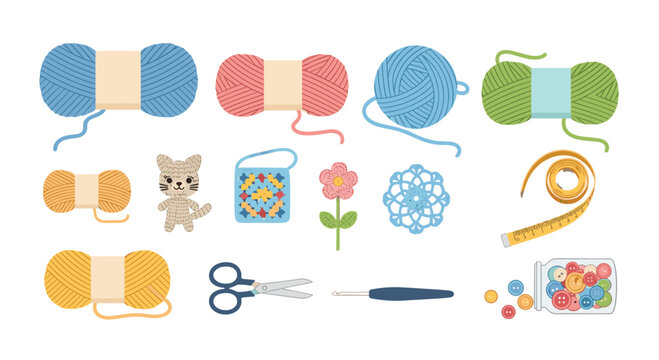 A diverse collection of colorful yarn skeins and crochet tools including a small cat toy and measuring tape are arranged on a clean white studio surface.