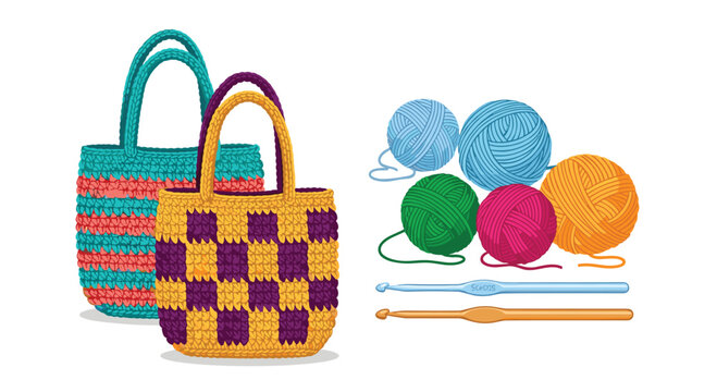Two meticulously handcrafted crocheted tote bags in teal and yellow patterns sit beside vibrant balls of wool yarn and two smooth plastic crochet hooks.