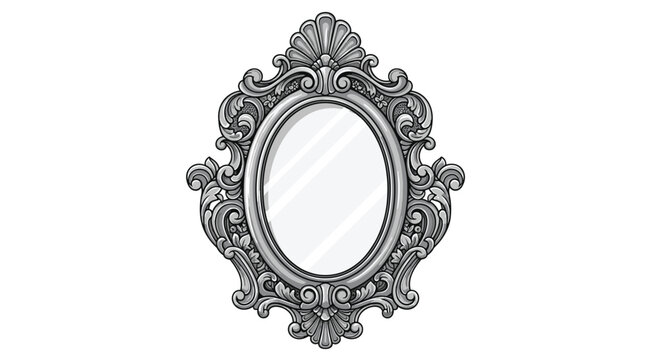 A majestic silver wall mirror showcases a heavy baroque frame decorated with elaborate scrollwork and shell motifs against a pristine white background setting.