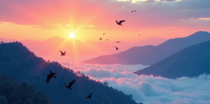 Soft sunrise light on misty peaks, birds soaring above, elegant ink painting, wash, grey, clouds
