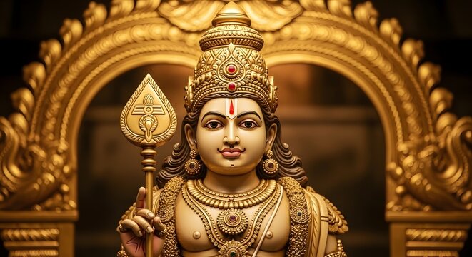 Golden Lord Murugan Statue with Vel Spear for Thaipusam Hindu Worship