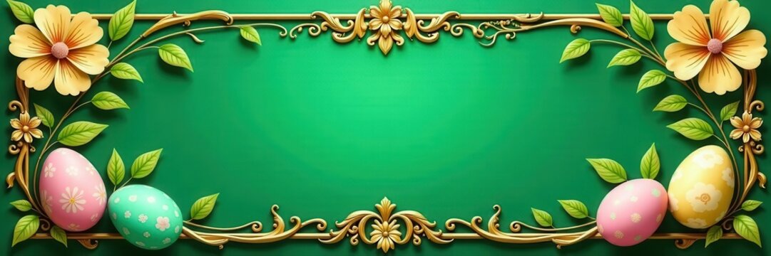 Vintage green gold floral Easter frame, ornate design , gold background, spring