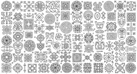 Obraz premium Ornamental icons set with geometric mandala patterns, line art symbols, decorative frames, and abstract design elements