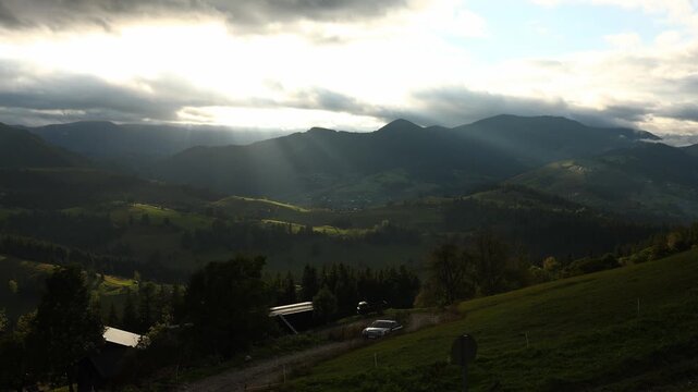 Time lapse of morning light over Carpathian Mountains in Ukraine showing changing scenery and landscape