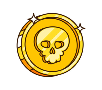 Cartoon pirate golden coin with skull and shine. An ancient golden doubloon featuring bold skull engraving and decorative ridges. Vector coin for treasure hunt graphics or digital stickers
